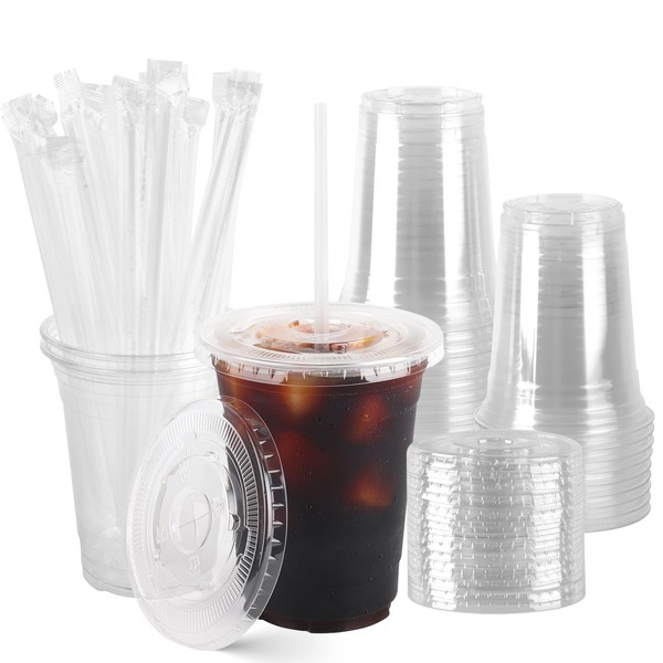 Hxezoc 16 oz Clear Plastic Cup with Lids and Straws,