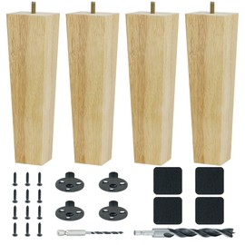10 Inch Wood Couch Furniture Legs Pack of 4- with M8 Bolt, Drill Bits- Natural with Varnish Square Tapered Sofa Replacement Feet Leg for Furniture, Recliner, Armchair, Ottoman, Cabinet, Nightstand