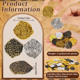 LOMIMOS 100 Pcs Plastic Pirate Coins,Spanish Doubloon Replicas Treasure Chest Fake Metal Pirate Coins for Kids Board Games Pirate Party Halloween Cosplay Party Favors Trick or Treat Supplies