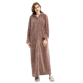 Hellomamma Long Hooded Zipper Bathrobe for Womens Flannel Fleece Robes Winter Warm Housecoat Nightgown Sleepwear Pajamas Coffee S-M
