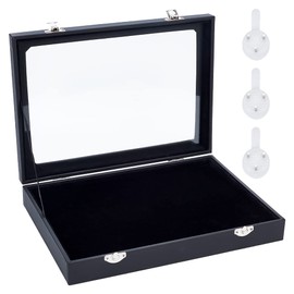 NBEADS Black Velvet Pin Display Case, 28x20x4.85cm Wall Hanging Brooch Jewelry Storage Case Wooden Presentation Boxes with Glass Window and Hangers for Coin Medals Pins Badges Display and Storage