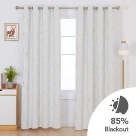 Deconovo Gold Wave Foil Print Blackout Curtains Grommet Light Blocking Room Darkening Curtain Noise Reducing Window Draperies for Living Room 52W x 84L Inch Set of 2 Panels Greyish White