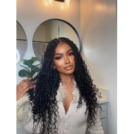 uBraids 24" Glueless Pre Cut HD Full Elastic Lace Lightweight Boho Box Braided Wig with Boho Curls for Black Women - 100 Strands - Black 1B on Clearance