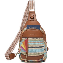 cakang 7L Straw Crossbody Bags for Women - Fashion Sling Chest Bag with Rainbow Woven Design, Lightweight Fanny Pack Travel Leather Shoulder Bag (Brown)