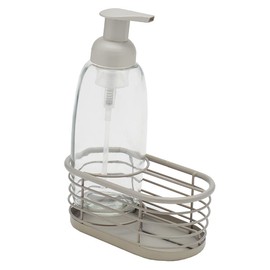 13.5 oz Capacity Refillable Plastic Bottle with Open Wire Caddy for Bathroom or Kitchen by Home Basics | Clear Soap Dispenser for Easy Refills | Storage Space for a Sponge