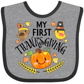 inktastic My First Thanksgiving- Autumn Birds, Pumpkin Baby Bib Heather and Black 331ab