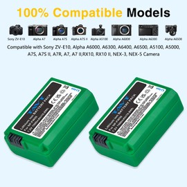TAVT 2-Pack NP-FW50 Battery with Dual USB Charger with Smart LED Display for Sony ZV-E10, Alpha A6000, A6300, A6400, A6500, A5100, A5000, A7S, A7S II, A7R, A7, A7 II,RX10, RX10 II, NEX-3, NEX-5 Camera