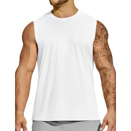 MIER Mens Workout Tank Tops Sleeveless Dry Fit Muscle Tee Shirt for Running Athletic Gym Training, UPF 50+, White L