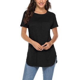 Newchoice Black Tops for Women Short Sleeve Curved Hem Extra Long Tunics for Leggings (XL,Black)