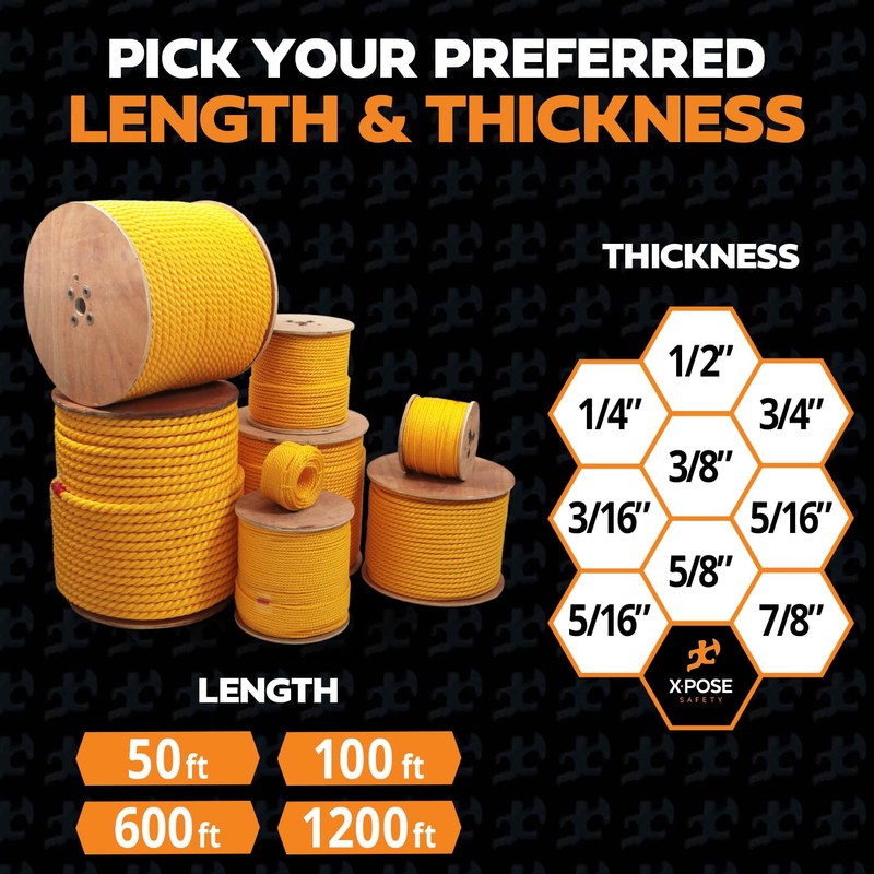 Yellow Twisted Polypropylene Rope, 1/4" Thickness x 100' Length Heavy