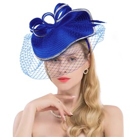 ELLYDOOR Tea Party Fascinator Hat for Women Veil Kentucky Headwear Wedding Derby Church Pillbox Hat Royal Blue
