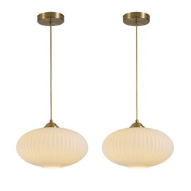KCO Lighting White Ribbed Glass Ceiling Light Modern Antique Brass Pendant Light Gold Globe Pendant Light Fixture Mid Century Kitchen Island Pendant Lighting (2 Pack)
