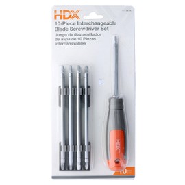 HDX 012319 4-1/2" Interchangeable Blade Screwdriver Set (9 Reversible Blades and 1 Rubberized Ergonomic Grip)