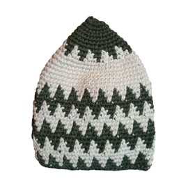 Hand-Crocheted Cotton Sturdy Light Army Green & Cream Zigzag Kufi Skull Cap Beanie Hat