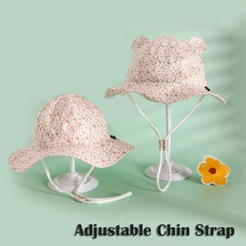 Uniyoung Baby Girls Sun Hat Toddler Kids Floral Summer Wide Brim UV Protection Beach Cap Outdoor Cotton Bucket Sunhat with Ears Adjustable Chin Strap (Pink, 1-2 Years, 1_Year)