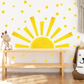 Half Sun Wall Decal Large Boho Sun Wall Sticker Yellow Poka Dot Wall Decals Peel and Stick Watercolor Big Sun Wall Stickers for Nursery Kids Room Baby Bedroom Playroom Decor