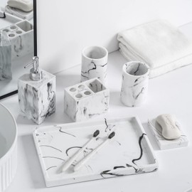 Resin Vintage Marble Bathroom Accessories Sets Luxury 6-Piece Bathroom Decoration Soap Dispenser,Cups,Toothbrush Holder