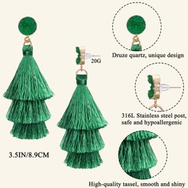FIBO STEEL Green Tassel Earrings for Women Layered Bohemian Earrings, Big Statement Tiered Fringe Drop Dangle Earrings Christmas Valentine Earrings Party Jewelry Gift