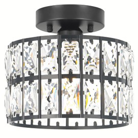 Lxybcce Crystal Ceiling Light Fixture, Modern Matte Black Crystal Chandelier, Small Semi Flush Mount Ceiling Lighting, Round Hallway Lighting for Kitchen Entryway Bedroom Bathroom, 1-Light, 8.8 Inch