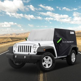 NOVSIGHT Cover for Jeep Wrangler - 4 Doors 1987-2023 JK JKU JL JLU,NOVSIGHT All Weather Half Car Covers for Wrangler 4 Door with 3 Straps, Anti-UV Windproof Rain-Proof Auto Cover with Storage Bag