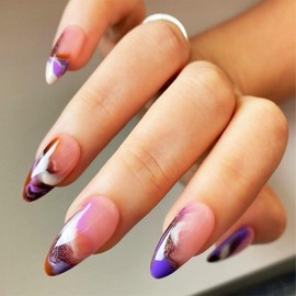 Nebula Press on Nails 24Pcs French Tips False Nails Brown Ombre Medium Almond Acrylic Fake Nails Glossy Purple Gradient Stick on Nails Multicolor Marble Gel Glue on Nails for Coquette Women Girls