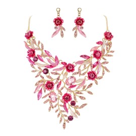 Clearine Wedding Bridal Leaf Cluster Jewellery Set for Women Crystal Flower Enamel Statement Necklace Dangle Earrings Pink Gold-Tone