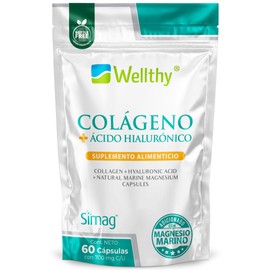 Wellthy Colágeno Hidrolizado + Ácido Hialurónico 60 Capsulas. 100% Natural, Colágeno Español, Reforzado con Magnesio Marino Francés SIMAG, VCaps Cápsulas Veganas, Bottle Free.