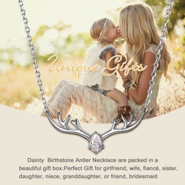 SILVERCUTE April Stone- Synthetic Diamond, Birthstone Antler Pendant & Rolo Chain Necklace, 925 Sterling Silver, Minimalist Deer/Elk Horn Animal Cubic Zirconia Jewelry Women Necklace, SCP6294B