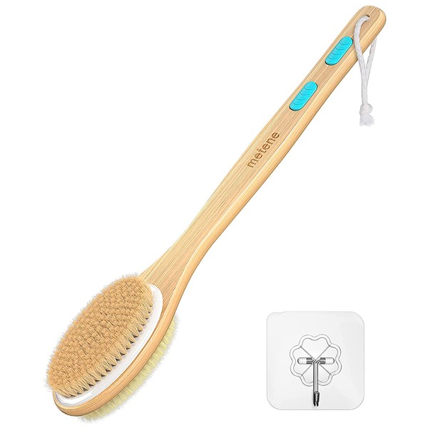 Metene Back Scrubber for Shower, Shower Brush for Exfoliating Skin and A Soft Scrub, Double-sided Body Brush Head for Wet or Dry Brushing, Long Wooden Handle Cleans the Body Easily