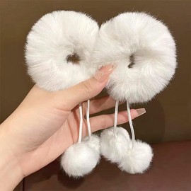 CCREDONE 2Pcs Pom Pom Hair Ties Fuzzy Furry Faux Rabbit Fur Scrunchies with Detachable Fur Ball Tassel Fluffy Ponytail Holders Hair Accessories for Girls Women(White)