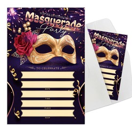 Cusrtyh Masquerade Party Invitations, Masquerade Mask Invitations Cards, Birthday Party Invitations, for shower wedding Anniversary holiday party etc Mardi Gras Cards Supplies 15 Cards & 15 Envelopes