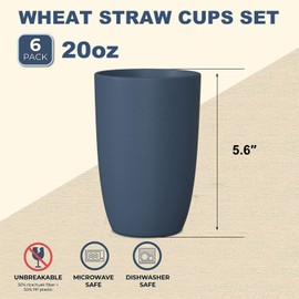 Wrova Wheat Straw Cups 6 PCS Good Alternative to Plastic Reusable Cups 20 oz Unbreakable Drinking Cup Reusable Dishwasher Safe Water Plastic Glasses Navy Blue
