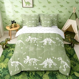 meiyoeat Dinosaur Bones Comforter Set with Sheets Twin Size Kids Jungle Dino Fossils 7 Pieces Bedding Set for Boys Girls Teens Wild Animals Bed in a Bag Breathable Green White Bedroom Decor