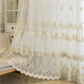 1 Panel Luxury Double Layer Sheer Curtains for Living Room Bedroom 3D Embroidery Sheer Mix Match White Translucent Tulle for Sliding Door 2 Layered Curtain with Valance Grommet (W52 L84 inch,Beige)