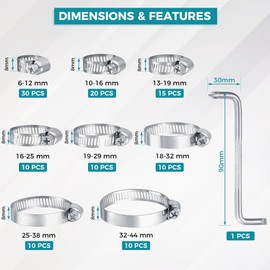 116 Pcs Hose Clips Set 8-44mm Adjustable Jubilee Clips Assorted Stainless Steel Hose Clamps, Worm Drive Pipes Hose Clips, Tube Joining Clip with Screwdriver for Water Pipe, Automobile Pipe, Gas Pipe