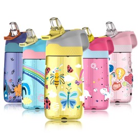 FJbottle Children's Drinking Bottle with Straw 450 ml Made of Tritan Plastic - 1-Click Opening - Leak-Proof BPA-Free Lightweight Water Bottle for School/Nursery