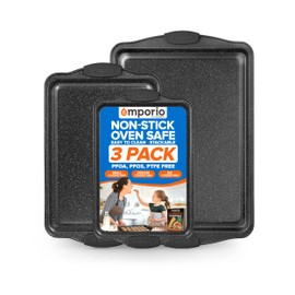 Emporio Kitchen Baking Pan Set - Nonstick Coating, Carbon Steel Bakeware Sets with Gray Silicone Handles, PFOA, PFOS, PTFE Free, Recipe Booklet Included, Oven Safe Tray (Up To 450° F), Set of 3 - Gray