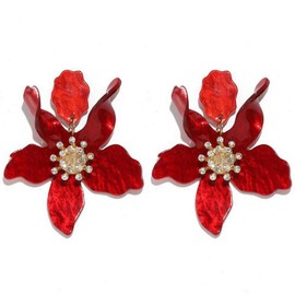 Tiande Bohemian Luxury Oversize Resin Big Flower Earrings For Women Stainless Steel Crystal Jewelry - Red