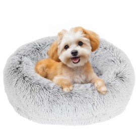 JOLLYVOGUE Calming Donut Dog Bed & Cat Bed, Anti-Anxiety Washable Round Bed, Fluffy Dog Cuddler Bed, Cozy Dog Cat Cushion Bed for Small Puppy (20")