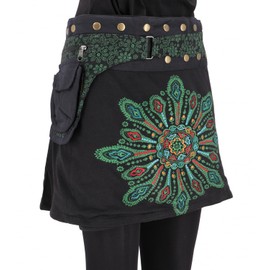 GURU SHOP Wrap Skirt, Embroidered Short Goa Skirt, Cacheur - Black/Green, Women, Black/green, Unit size