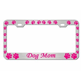 Dog Mom Design Heavy Duty Metal Car License Plate Frame Auto Tag Holder,Great Gift for Dog Mom, Expecting Mothers, Baby Shower(Chrome/Pink)