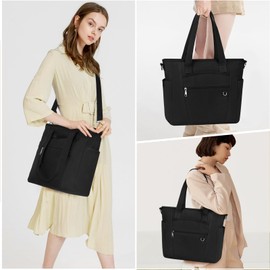 Canvas Tote Bag for Women with Zipper Compartment Water Resistant Crossbody Shoulder Bag for 15.6" Laptop Large Handbags Work Beach Travel, Black
