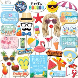 Summer Photo Booth Props - 41 Pieces with Signs, Adhesive Pads, Sticks - Pool Party & Beach Theme Props