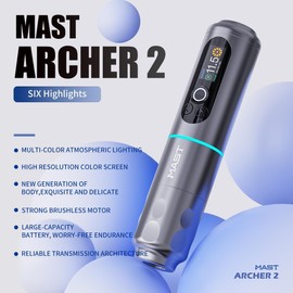 Mast Archer2 Wireless Tattoo Gun Rotary Pen Kit, Brushless Motor by Mcore, Smart Screen & 2000mAh Battery for Run Long Time, 3.5mm Stroke Length (grey)