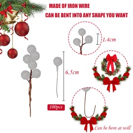 100 Pcs Christmas Holly Berries Artificial Frosted Silver Holly Berries,Christmas Berries Silver Berry Stems for Wreath Decorations Craft Christmas,Xmas Tree,Garland DIY Craft Party Decor Wire Berries
