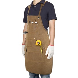 UPROZIL Work Apron with 12 Tool Pockets, Woodworking Apron with Thick Canvas Fabric, Shoulder Pads, Cross Back Strap Carpenters Apron Tool Apron Workshop Woodwork Gifts for Men Women