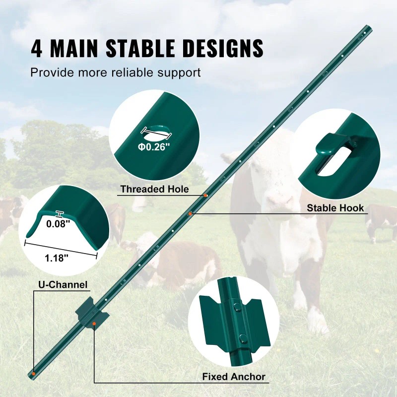 5 Feet Heavy-Duty Green Metal Fence Posts 10-Pack T-Post for