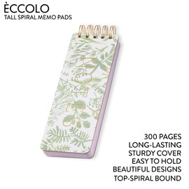 WORLD TRAVELER Eccolo Tall Spiral Memo Pad, 300 Pages, 150 Sheets, Double Spiral Binding, Office Essentials for Work, List Notepad for Students, Class and Shopping, Botanicals (Green, 3x8.5 inches)