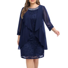 Women Plus Size Wedding Guest Dresses Navy Two-Piece Jacket Mother Bride Long Sleeve Chiffon Pencil Knee Length Dress