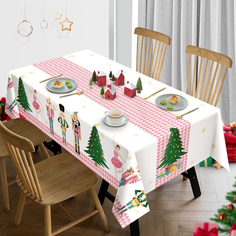 Arquiel Christmas Tablecloth, Nutcracker, Pink Christmas Tree Tablecloth, Washable, Rectangular,